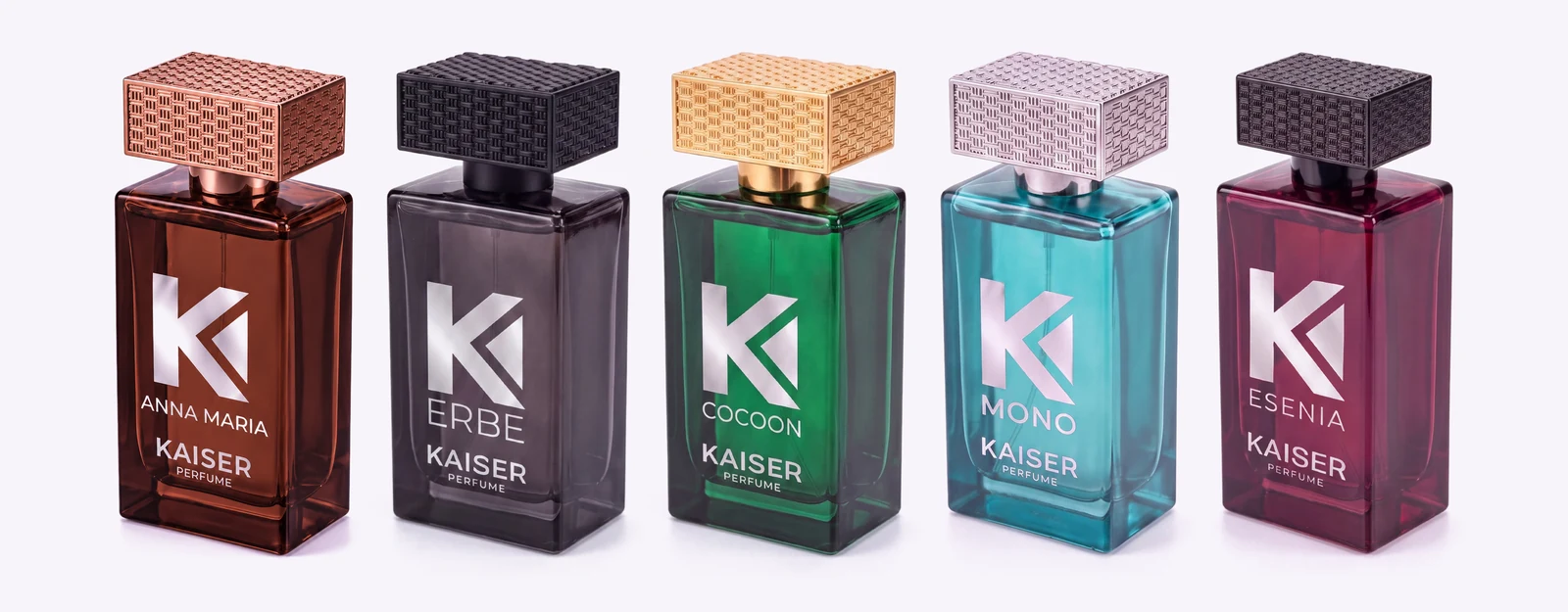 The five Kaiser Perfume fragrances: Anna Maria, Erbe, Cocoon, Mono, Esenia